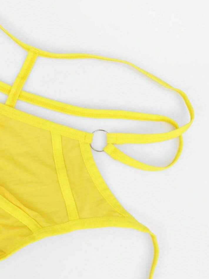 Lace Up Breathable Minimalist Geometric Print Decorative Ring Yellow Thong Underwear